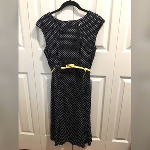 Retro Navy polka dot dress with yellow belt